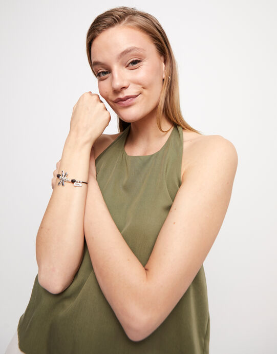 Pulsera de cuero con lib&eacute;lula ba&ntilde;ado en plata de ley, Plateado, large